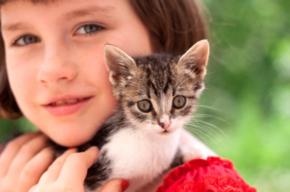 Little girl holding kitten